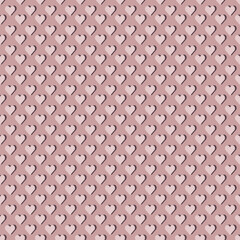 Monochrome seamless geometric vector pattern with cute little pink hearts, repeating texture. Perfect for printing on fabric, wrapping and gift paper, Valentine and wedding postcards.