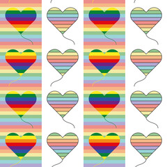 Flying striped heart shaped air balloons in rainbow colours. Geometric seamless vector pattern for Valentine, birthday and wedding wrapping paper, greeting cards and stationery.