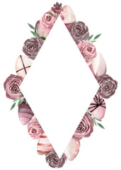 Fototapeta na wymiar Rhombus frame with watercolor dusty roses, leaves and Easter eggs