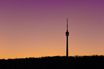 Scenic view of landmark Stuttgart TV Tower against pastel coloured clear sky, early morning, no...