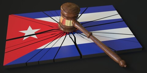 Broken block with flag of Cuba and judge's gavel. Conceptual 3d rendering