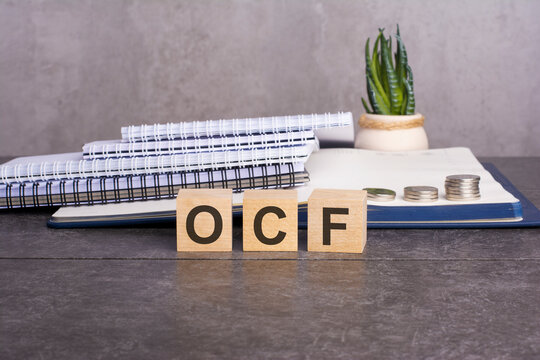 the OCF word is written on wooden cubes on a gray background. close-up of wooden elements. In the background is a green flower in a tub. OCF - short for operating cash flow