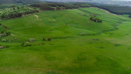 Obraz premium Aerial view of natural landscape with grass field, hills, mountains and forest 