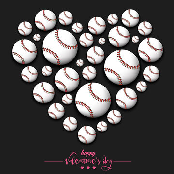 Happy Valentines Day. Heart made of baseball balls. Design pattern for greeting card, banner, poster, flyer, invitation party. Vector illustration on isolated background