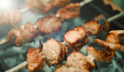 Tasty pork shashlik on the grill.
