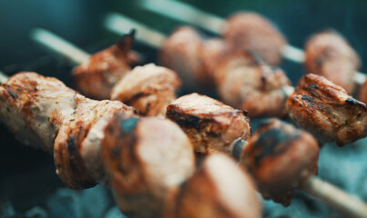 Tasty pork shashlik on the grill.