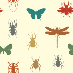 Vector seamless pattern with colored silhouettes of various insects. Repeating background with butterflies, beetles, dragonfly on a light backdrop. Childish wallpaper, wrapping paper or fabric design