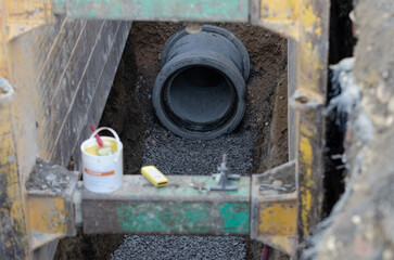 Fototapeta na wymiar Deep drainage works and big diameter concrete pipe installed as part of new sewer