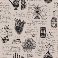 Abstract seamless pattern on the theme of witchcraft and occultism in vintage style. Hand-drawn vector background with sketches, handwritten text lorem ipsum, esoteric and masonic symbols on a beige - obrazy, fototapety, plakaty