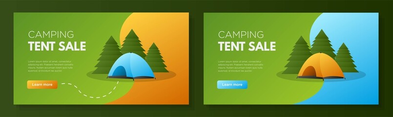 Camping tent online banner template set, outdoors equipment shop corporate advertisement, horizontal ad, travel supplies campaign webpage, flyer, creative brochure, isolated on background