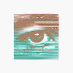 A square banner or poster with a human eye and eyebrow in close-up, made of colored stripes and numbers on a light background. Abstract vector illustration in a modern style. Digital eye recognition