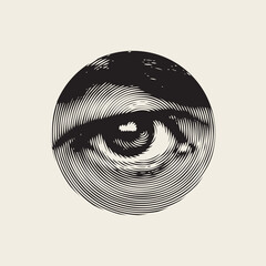 Abstract black and white banner with a wide-open human eye and an eyebrow in close-up in a round frame on a light background. Monochrome vector illustration in retro style.
