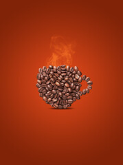 Coffee beans shaped into coffee cup with warm steam. Creative coffee cup poster for advertisement.
