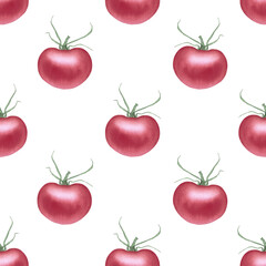 Watercolor tomatoes seamless background. Hand-drawn tomato illustration. Harvest clipart. Fresh object wallpaper. For card, wallpaper, poster, banner, restaurant menu, kitchen textile.