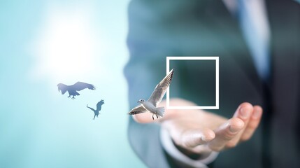 Abstract. Think outside the box concept. Businessman with birds flying out of square box.