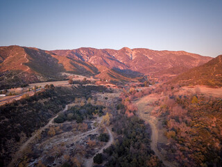 Aerial sunset view with mountains
