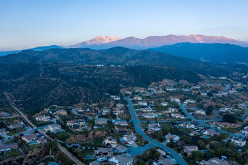 Aerial sunset view with mountains