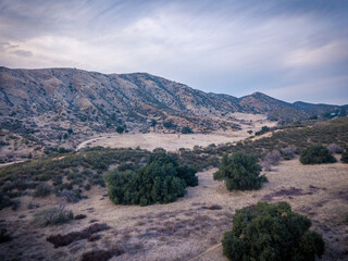 Aerial sunset view with mountains