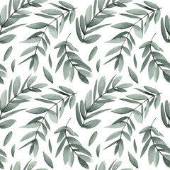 Seamless pattern with green leaves and branches. Watercolor illustration isolated on white background. - 486373786