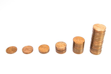 Stacks of 5 euro cent coins. Economic growth and inflation or saving concept. Coin stacks that gradually increase in height on white background.