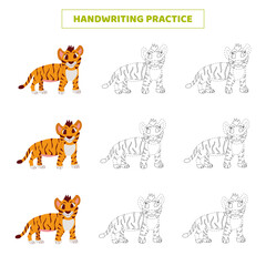Handwriting practice for kids with cartoon tiger cub.