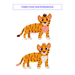 Fototapeta na wymiar Find five differences between cartoon tigers.