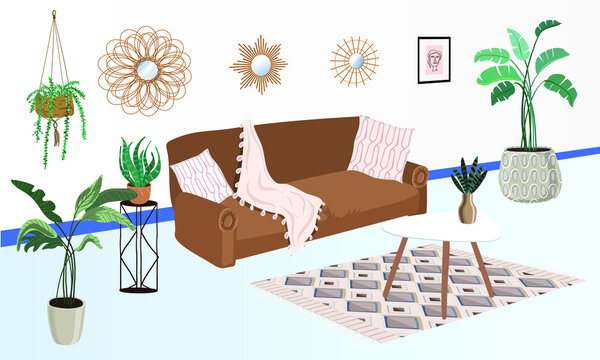 Boho style interior. A sofa, indoor tropical plants, a table with a vase, mirrors, a carpet, pillows, a blanket and a picture.White tones in Bohemian style.
