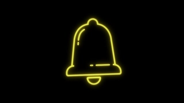 Glowing neon line light ringing bell animation Isolated on black background. Ring bell symbol reveal. yellow color neon electric effect Glowing motion wipes Christmas jingle bell in glowing led light