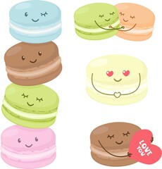 Vector set of characters. Lovers macaroons, cake characters. Cute macaroons are holding hands and holding valentines. Set of characters for Valentine's Day