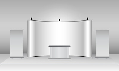 set of realistic trade exhibition stand or white blank exhibition kiosk or stand booth corporate commercial. eps vector
