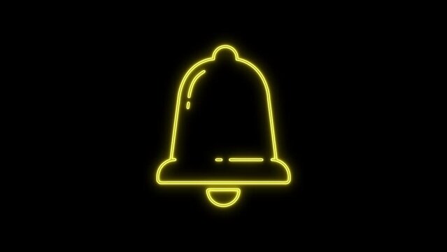 Glowing neon line light ringing bell animation Isolated on black background. Ring bell symbol reveal. yellow color neon electric effect Glowing motion wipes Christmas jingle bell in glowing led light