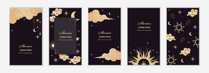Social media templates. Mystical and astrological symbols. Golden ornament. A set of magical templates for stories, flyers, posters, cards, brochures. Vector illustration. - obrazy, fototapety, plakaty