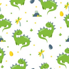 Bright vector seamless pattern. Cute dinosaurs, volcano, stars, palm trees. Pattern for baby clothes, textiles, diapers and fabrics.