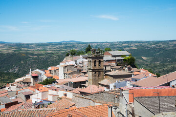 Obraz premium Beautiful aerial view of Fermoselle. Bell tower and rooftops. Village in Zamora, Spain. Europe