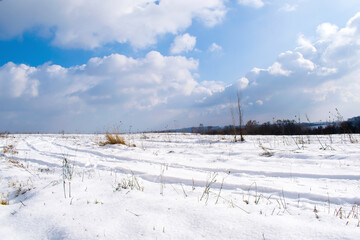 Bright scenic frosty magical winter landscape landmark in rural countryside field. Panoramic natural beautiful view of fresh fallen snow on cold wintry sunny day background. Planet rebirth