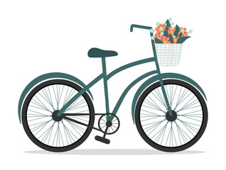 Fototapeta na wymiar Bicycle with flower bouquet in front basket vector flat Illustration.
