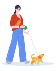 The owner of a pet walks with her puppy. The girl walks the dog. Flat vector illustration. EPS10