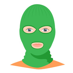 Man wearing balaclava helmet. Trendy worm headgear for cold weather. Facial mask for the whole head to wear under helmet in flat style. Vector