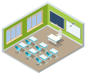 Isometric empty school classroom. Education. Classroom design with modern desks, seats and blackboard. Back to school concept.