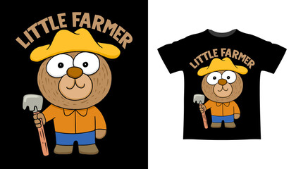 Hand drawn little bear farmer cartoon t shirt design