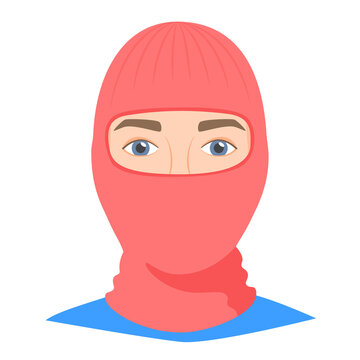 Man wearing balaclava helmet. Trendy worm headgear for cold weather. Facial mask for the whole head to wear under helmet in flat style. Vector