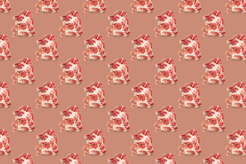 Seamless food pattern with raw pork meat slices on pink background, beef steaks. top view. Food flatly flat lay