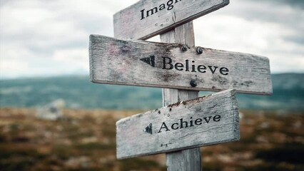 Imagine, believe and achieve text on wooden sign post outdoors in landscape scenery. Business, quotes and motivational theme concept.