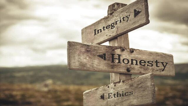 Integrity, honesty and ethics signpost in nature. Message, quotes, words, meaning, goals, company, business, rules, path concept.