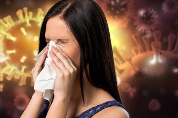 Omicron patient. Concept of COVID-19 virus symptoms. Bacteria of mutated coronavirus. Woman with...
