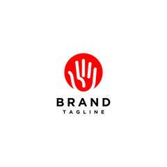 Simple Line Playful Hand inside the Red Circle. Friendly Logo Design With Open Hand Symbol Inside Red Circle.