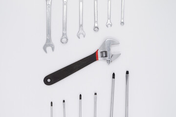 Basic mechanic tools. 3. Different types of wrenches, french wrench and screwdrivers.