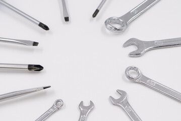Basic mechanic tools. 5. Different types of wrenches, and screwdrivers.