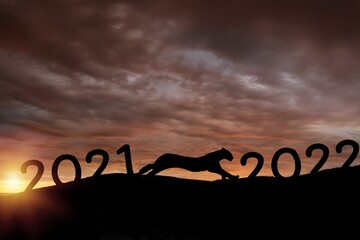 New year concept of 2022. New year's card. Running tiger.