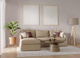 Living room interior with brown sofa, coffee table, floor lamp and plant. Two picture mock up on warm, sepia wall. 3D render. 3D illustration.